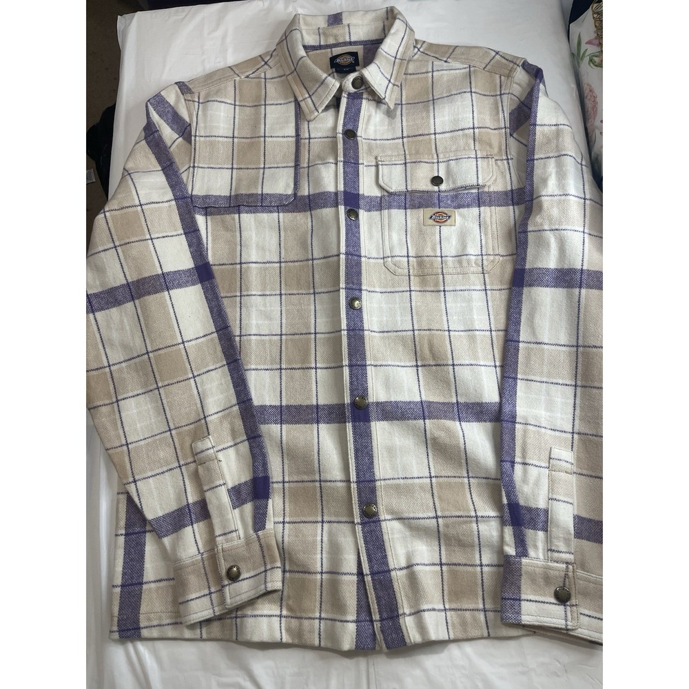 Dickies Men's Heavy Flannel Cream Lavender Plaid Shirt Size Medium NWOT
